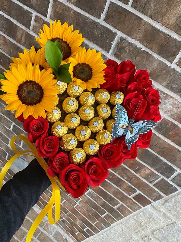 18 Roses, Sunflowers & Chocolates Heart Box