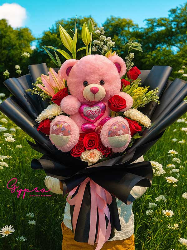 Pink Teddy & Roses Bouquet