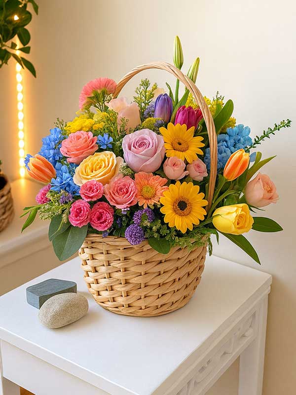 Mixed Sunflowers & Roses Wooden Basket
