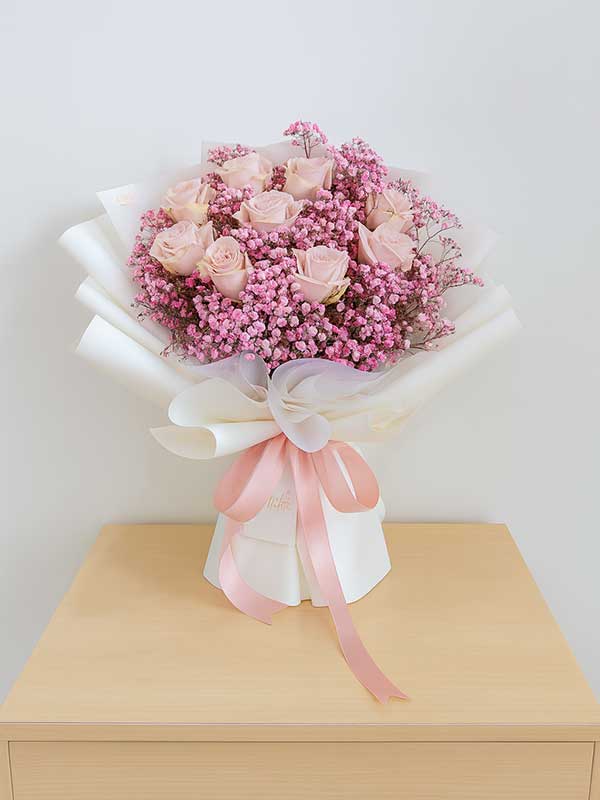 Sweet Pink Roses with Baby's Breath
