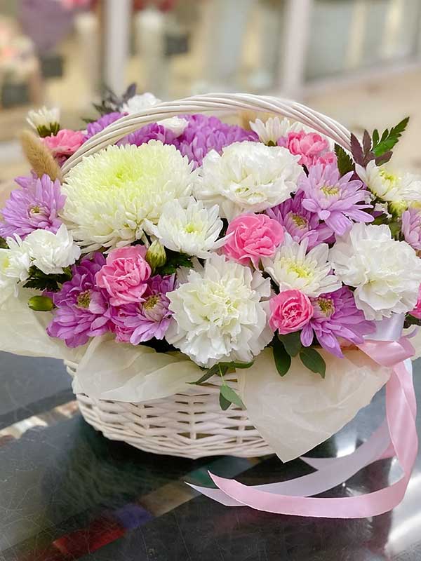 Mixed Carnation & Daisy Cane Basket