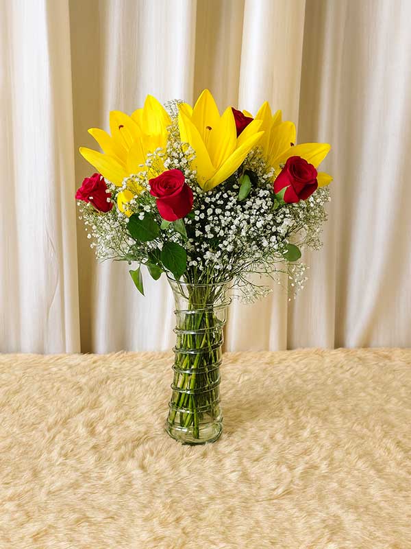 Yellow Lily & Red Rose Glass Vase